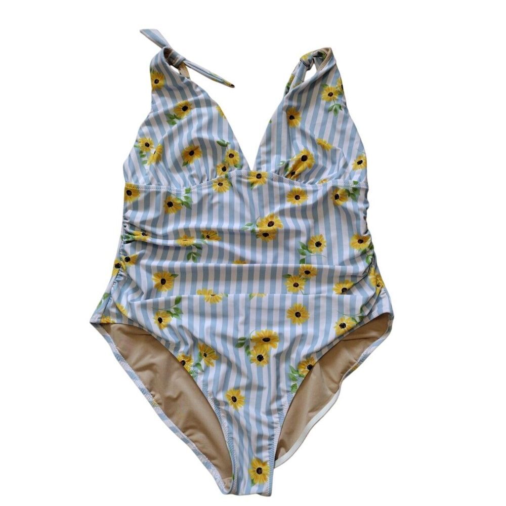 Old Navy Swimsuit Women 2X Blue Yellow Striped Floral Ruched One-Piece